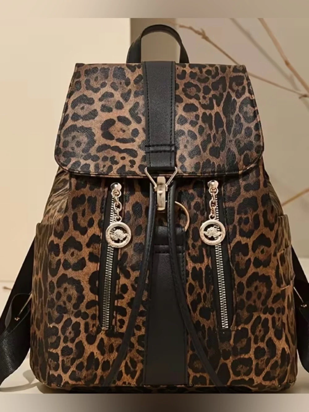Leopard Print Faux Leather Backpack - Brown